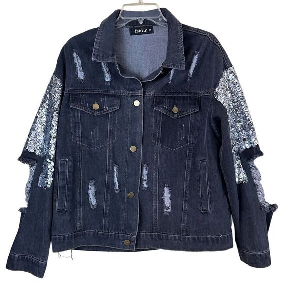Fabrik Black Distressed Denim Embellished Jean Jacket Size Medium - Picture 2 of 13